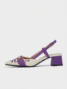 Sandálias de Salto Alto Tipo Slingback com Bico Fino e Decoração de Corrente, Estampa Floral Vintage para Mulheres, Saltos Confortáveis para Trabalho, Festa à Noite, Celebração, Adequado para Primavera, Verão, Outono, Inverno, Roxo, Elegante, Sapatos de Salto Femininos - Roxo - Visão 7