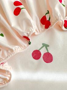 Juego de ropa de cama de 3 piezas, blanco con estampado de cereza, juego de ropa de cama suave y cómodo que incluye 1 sábana ajustable y 2 fundas de almohada, sin relleno, adecuado para dormitorio, dormitorios y uso doméstico, disponible en varios tamaños