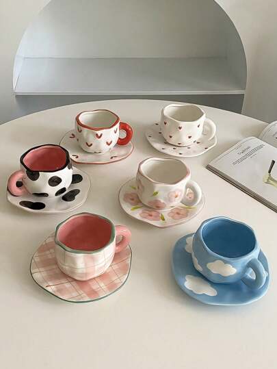 CMYD Studio 1pc 280ml Original Nordic Style Handmade Ceramic Coffee Cup & Saucer Set, Multi-Color Plaid, Heart, Cloud, Floral Pattern, Suitable For Afternoon Tea, Milk, Latte, Dessert Plates - Great Gift