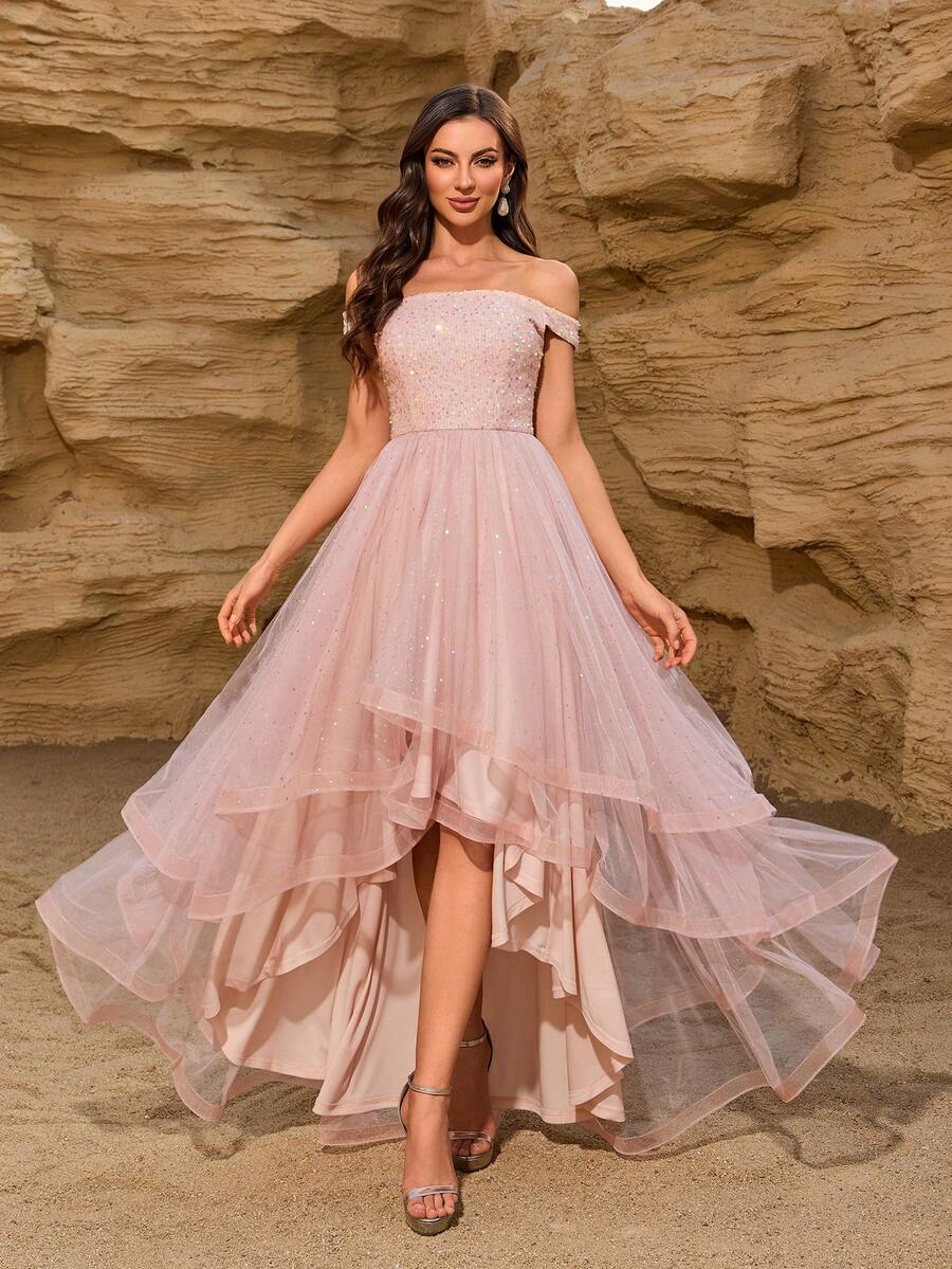 Elisanya Off Shoulder Contrast Sequin High Low Hem Mesh Party Dress,Cocktail Semi Formal Prom Dress - Champagne - View 1