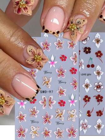 Flower Petal Hibiscus 5D Embossed Nail Stickers 2 PCS Lily Flower Sea Designs Nail Art Decals Self Adhesive DIY Charms Stickers Nail Decoration Summer Beach Vacation Manicure Accessories