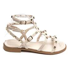 Square Studded Flat Sandals - Modern Gladiator Style - Beige - View 2