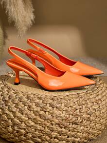 Tacones stilettos de punta fina de color nude brillante de alta calidad con tacón bajo y slip-on, estilo europeo para uso diario, fiestas y bodas, nuevos en primavera/verano, elegantes bombas de PU para damas - Naranja - Ver 6