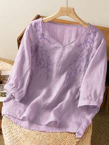 Women's Lightweight Botanical Embroidery Vintage Loose Blouse Top, Spring & Summer - Mauve Purple - View 3