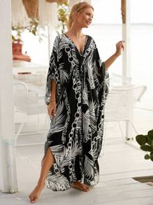 Vestido Cover Up Largo Con Estampado tropicales y cadenas Para Mujer,Kimono De Playa Holgado Con Mangas De Murciélago