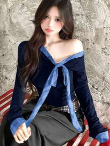 Áo thun dài tay thắt nơ trễ vai cho nữ - Màu xanh hải quân - Xem 4