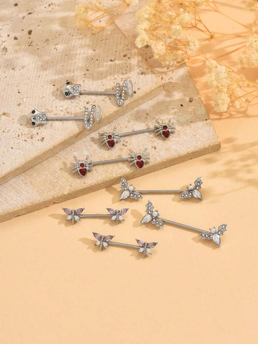 1 par de piercings de mamilo de aço inoxidável 16G 316L, morcegos, cobras, aranhas, libélulas, piercings de mamilo, joias para mulheres, uso diário em festas e encontros, joias de piercing corporal
