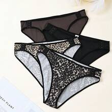4pcs Plus Size Sexy Leopard Print Breathable Mid-Waist Removable Women Panties Set - Leopard & Solid Color Mature Charm Design, Elegant Knitted Fabric With Contrasting Color Trim - Multicolor - View 3