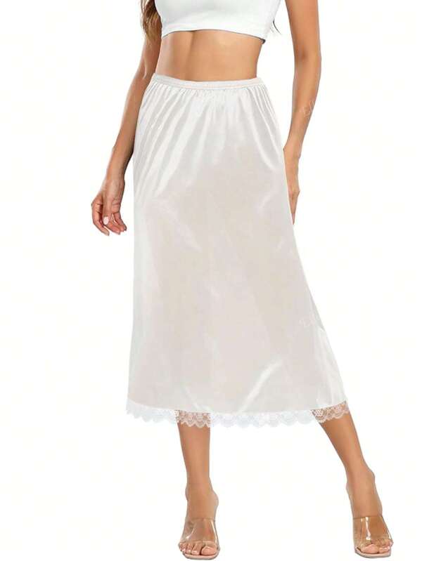 Women's Elegant Skirt With Lace Hem And Elastic Waistband, Slip/Underskirt For Daily Skirt Layering