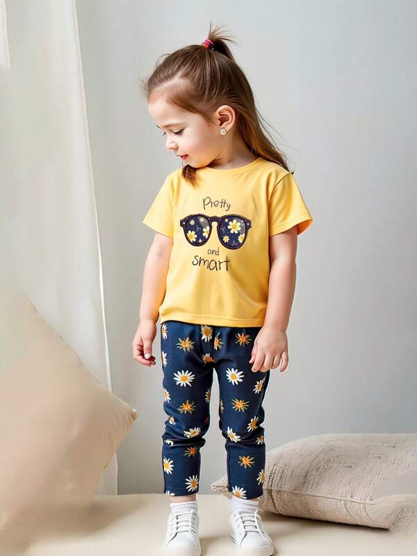 قطعتان مجموعة صيفية للفتيات، تيشيرت جميل بنقش الزهور وبنطلون فضفاض طويل مريح بطراز بسيط مناسب للصيف