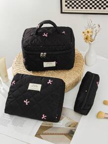 1 Piece Women's Bow Embroidered And Quilted Makeup Bag Sets Travel Cosmetic Bag With Handle Tampon Storage Bag Sanitary Pad Pouch Large Capacity Cosmetic Bag, Lightweight Fluffy Filling Toiletries Bag Mini Travel Makeup Case Pouch For Travel Storage,Daily Use. For School Cosmetic Bag Back To School Supplies Cosmetic Storage School Stuff Bag Organizer Room Stuff