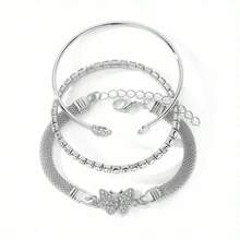 3pcs/Set Luxury Minimalist Rhinestone Butterfly & Heart Layered Bracelet Set, High-End Women Accessories - Multicolor - View 3