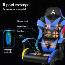 ALFORDSON Gaming Massage Chair, Massage Racing Chair With LED, Ergonomic Desk Chair With 150° Tilt, Retractable Footrest, PU Leather, Height Adjustable, 180 Kg Load Capacity - Blue - View 3