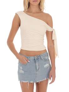 Womens Y2K Off Shoulder Tank Tops Sleeveless Solid Color Ruched Crop Tops Slim Fit Summer Shirts - Beige - View 1