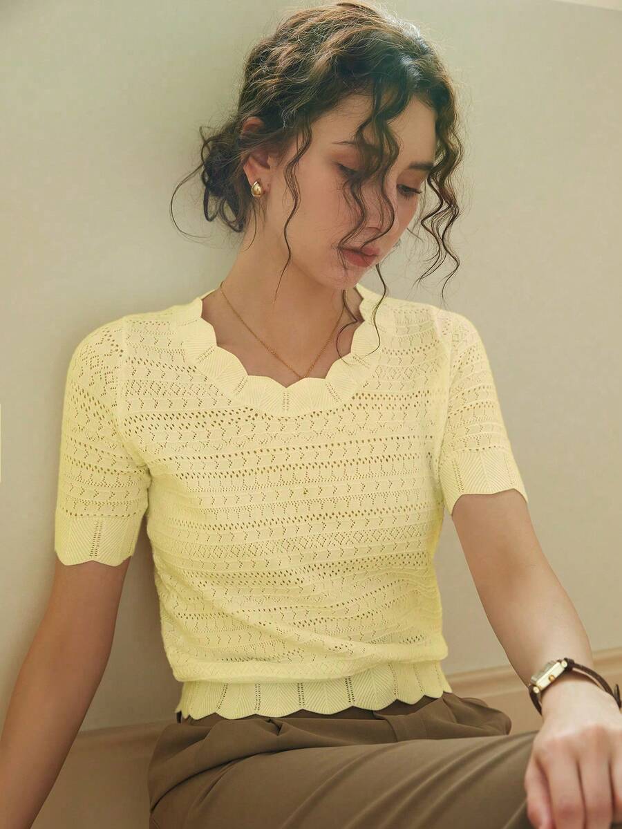 Knit Mix 优雅女士衬衫，独特蕾丝边饰圆领镂空短袖修身T恤，适合娇小身材，纯色，休闲/工作皆宜，春夏上衣，柔和复古奶油色，返校季春夏装，也适合圣诞节、感恩节和新年等休闲场合。 - 嫩黃色 - 查看 1