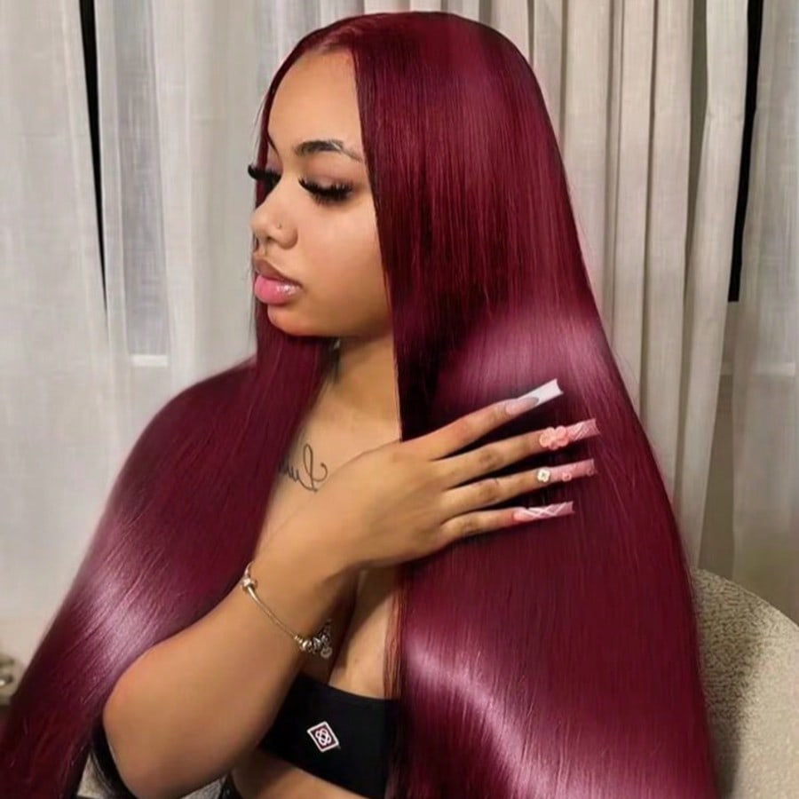 34 Inch 250% Density 99J Burgundy Wig Human Hair 13x4 HD Lace Frontal Wig Free Part Wig Straight Win Red Human Hair Pre Plucked Bob Wig Lace Front Wig Human Hair For Women