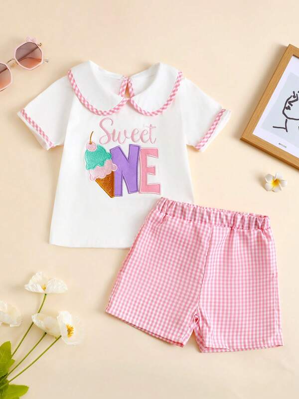 1 Year Old Toddler Girls 2pcs Set - Round Neck Top + Pink Plaid Shorts, Elegant And Cute Series, Perfect 1st Birthday Gift For Baby