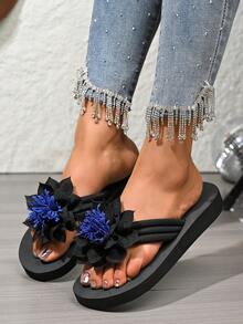 2025 New Thick Sole Platform Women Shoes, Fashionable Casual Ladies Beach Shoes, Ultra-Light Soft Comfy Anti-Slip Flip Flops, Women Floral Bowknot Solid Color Elegant Preppy Style Slides - Black - View 4