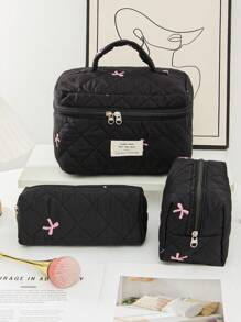 1 Piece Women's Bow Embroidered And Quilted Makeup Bag Sets Travel Cosmetic Bag With Handle Tampon Storage Bag Sanitary Pad Pouch Large Capacity Cosmetic Bag, Lightweight Fluffy Filling Toiletries Bag Mini Travel Makeup Case Pouch For Travel Storage,Daily Use. For School Cosmetic Bag Back To School Supplies Cosmetic Storage School Stuff Bag Organizer Room Stuff