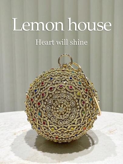 1 件金色闪光奢华水晶装饰球形手提包，优雅的金属链单肩斜挎包，时尚手拿包晚宴包，适合女士正式场合、婚礼、派对和庆典