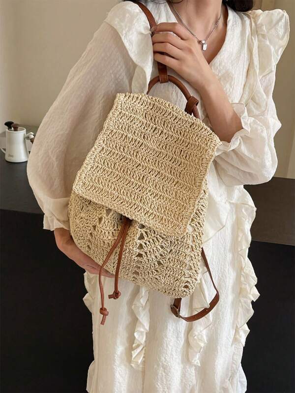 Stylish Versatile Solid Color Straw Woven Backpack, Suitable For Vacation, Travel, Shopping, Commuting, Beach, Camping, Casual Handbag, Shoulder Bag, And Large Capacity For Women, Back To School Essentials