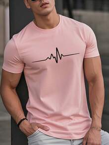 男士夏季 EKG 图案圆领短袖休闲 T 恤 - 粉色 - 查看 1