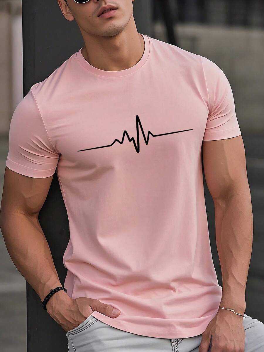 男士夏季 EKG 图案圆领短袖休闲 T 恤 - 粉色 - 查看 1