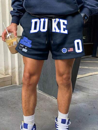 男士纯色字母图案印花抽绳腰口袋宽松休闲运动短裤