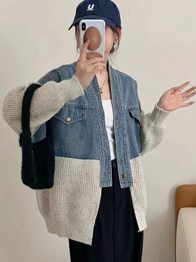 レディース カジュアル デニム風 パッチワーク カーディガン - Vネック、長袖、洗濯機可 - 秋冬にぴったり