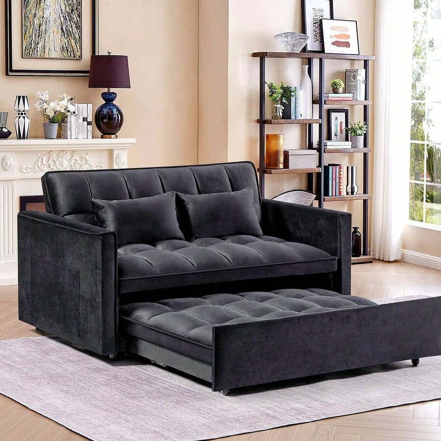 3 In 1 Convertible Sleeper Sofa Bed, Futon Couches For Living Room With Side Pocket | Adjustable Backrest| Velvet Fabric | Pull Out Couch | Love-Seat Sofa| Sectional Sofa Bed| 2-Seat Sofa Bed - 黑色 - 查看 1
