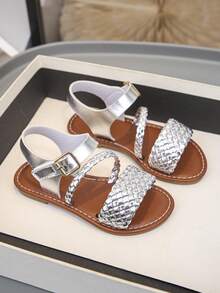 Summer Kids Flat Sandals, Woven Strap Decor. Suitable For Beach Holiday, Travel, Shopping, Casual Home Wear