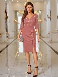 MIUSOL V-Neck Sequin Floral Lace Ruffle Hem Cocktail Dress, Formal Gown For Wedding Events, Prom, Birthday, Graduation Ceremony, Dinner Party - Dusty Pink - View 10