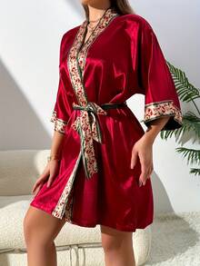 1pc Women's Fashionable Tie Dye Printed Comfortable Casual Lounge Robe, Sexy Faux Silk Mid-Length Tie Waist Bathrobe, Thin Stylish Sleepwear Home Bathroom Decor Summer Back To School - Multicolor - View 12