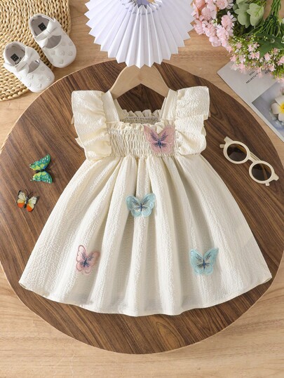 فستان أكمام قصيرة للبنات الصغيرة مطبوع ب-3D فراشات، لطيف وحلو، مناسب للخروجات اليومية الصيفية