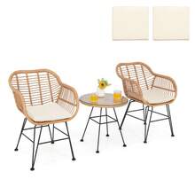 3PCS Patio Bistro Set Outdoor Rattan Armchairs With Table And Replacement Cushions Set-White - White - View 1