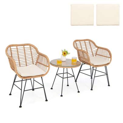 3PCS Patio Bistro Set Outdoor Rattan Armchairs With Table And Replacement Cushions Set-White