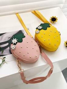 Spring & Summer New Cute Red Strawberry Crossbody Bag, PU Material Zipper Closure Crossbody Bag Coin Purse, Fashion Fruit Shaped Daisy Flower Decor