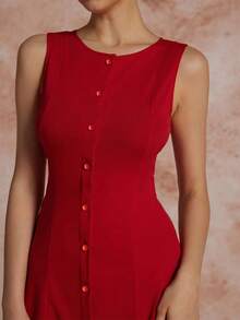 Vestido informal elegante de color rojo sólido con botones