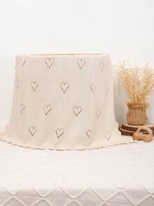1pc Cute Heart Hollow Knitted Blanket, Delicate Crochet Edging, Romantic Children Blanket, Soft & Cozy Baby Swaddle, All Season