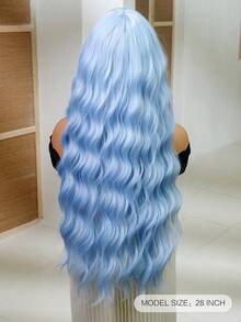 Peluca azul ondulada de 28 pulgadas de largo para mujeres, peluca rizada azul con flequillo con efecto de onda de agua, hecha de fibra sintética resistente al calor para uso diario y de fiesta - Azul - Ver 6