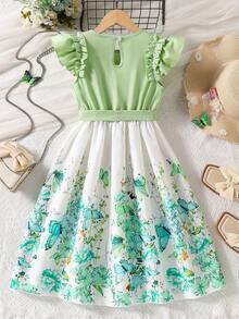 Tween Girl Ruffled Hem Floral & Butterfly Print Cinched Waist Waist Dress - Green - View 2