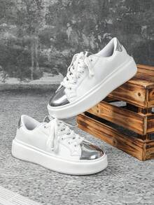 New Arrival Spring/Summer Elegant White & Gold Color Sneakers For Teens And Kids, Low-Top Lace-Up With Thick Sole For Running, Fitness, Walking - Multicolor - View 4