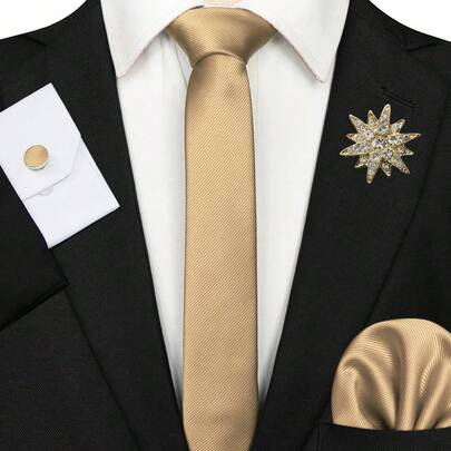 香槟色 4 厘米男士窄款领带套装，包括纯色 1200 针高密度领带、口袋巾、袖扣、六角星胸针、闪电胸针，适合作为男士、婚礼、伴郎、新郎、正式活动、商务场合的礼物