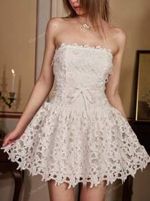 Abito mini elegante da donna con zip davanti, senza maniche, adatto come regalo per addio al nubilato, abito da invitata a matrimonio, abito per festa di laurea, abito da donna sexy in pizzo traforato, senza spalline, per cocktail