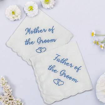 2 Pcs Wedding Embroidered Handkerchief For Mother And Father, Wedding Day Engagement Bridal Shower Bachelorette Hen Party Gift Present