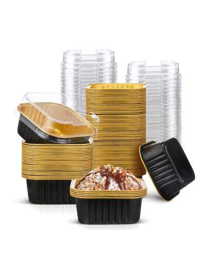 10/20pcs Square Gold Foil Cupcake Baking Cups With Lids, Set Of Heat-Resistant Mini Cake Muffin Molds, Tin Foil Pudding Dessert Containers, Perfect Kitchen Utensils For Weddings And Birthday Parties