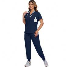 2pcs Set Elegant Short Sleeve V-Neck Nurse Scrub Uniform Top And Waist-Cinching Pants Set, Women's Scrub Suit
