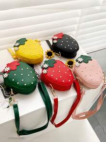 Spring & Summer New Cute Red Strawberry Crossbody Bag, PU Material Zipper Closure Crossbody Bag Coin Purse, Fashion Fruit Shaped Daisy Flower Decor