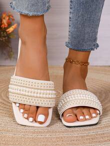 Women's Slide Sandals With Rhinestones, Casual Versatile Outdoor Plastic Flat Sandals - White - View 6