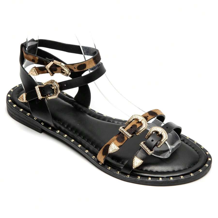 Western Style Flat Sandals With Crescent-Shaped Straps And Decorative Buckles - Black - View 1